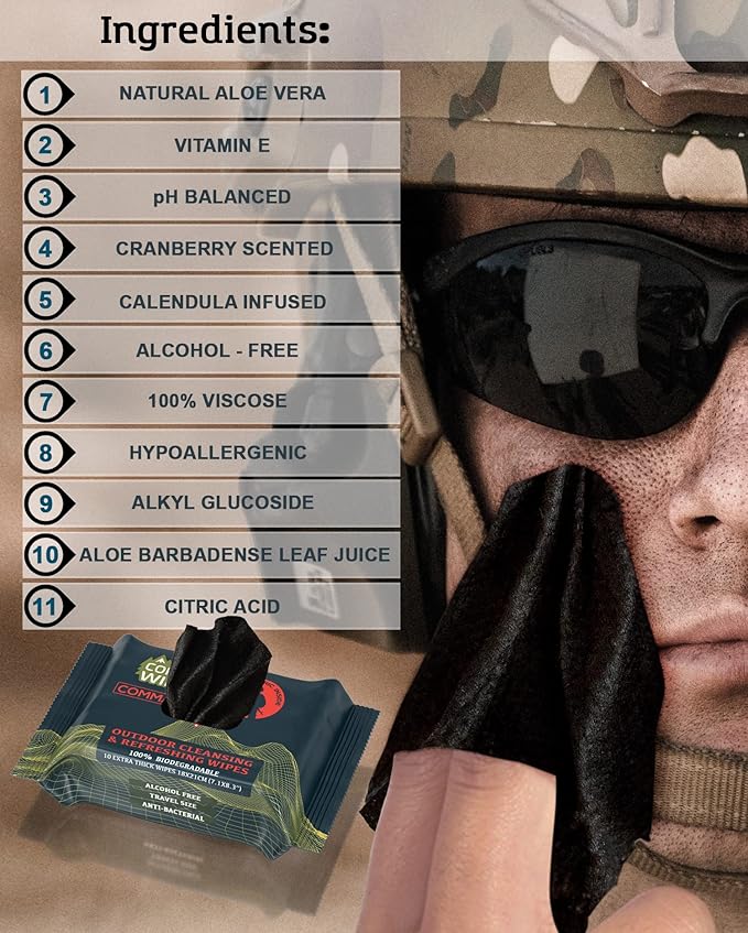 Black Unscented Camouflage Wet Wipes - Combat Wipes COMMANDO - Thick, Biodegradable, Heavy Duty Cleansing Cloths for Camping, Military, Hunting & Backpacking w/Aloe & Vitamin E (1 Pack, 25 wipes).