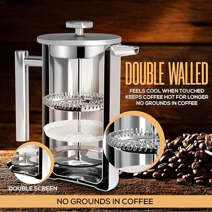 Utopia Kitchen Stainless Steel French Press Coffee Maker 12 Oz, French Press Tea Maker, Cold Brew Portable Travel Coffee Presses, Tea Press Gifts Silver
