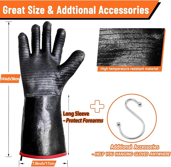 BBQ Gloves - 1472ยฐF Thicken Heat Resistant Gloves w/S-Hook 14 in Kitchen Oven Mitts Waterproof Grill Gloves Oil Resistant Grilling Gloves Cooking Gloves for Turkey Fryer/Baking/Oven/Smoker