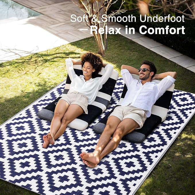 OLANLY Waterproof Outdoor Rug 4x6 ft, Outdoor Plastic Straw Rug for Camping, RV Mat Outside, Indoor Outdoor Carpet for Porch, Deck, Backyard, Balcony, Picnic, Navy & White