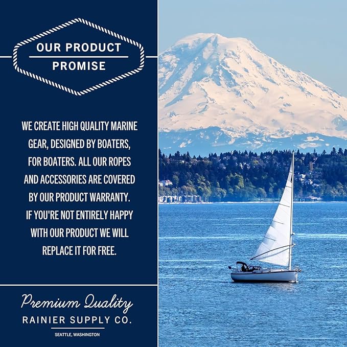 RainierSupplyCo Boat Anchor Rope - Double Braided Marine Rope Anchor Line - 50 ft x 3/8 Inch Nylon Boating Line with 316 Stainless Steel and Heavy Duty Marine Grade Bow Shackle - Navy Blue