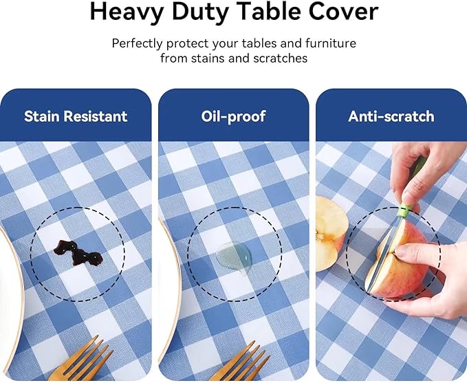 Romanstile Rectangle Vinyl PVC Tablecloth, 100% Waterproof Buffalo Plaid Plastic Table Cloth, Oil Proof Heavy Duty Wipeable Table Covers for Dining/Camping/Picnic/Outdoor - 60 x 102, Light Blue