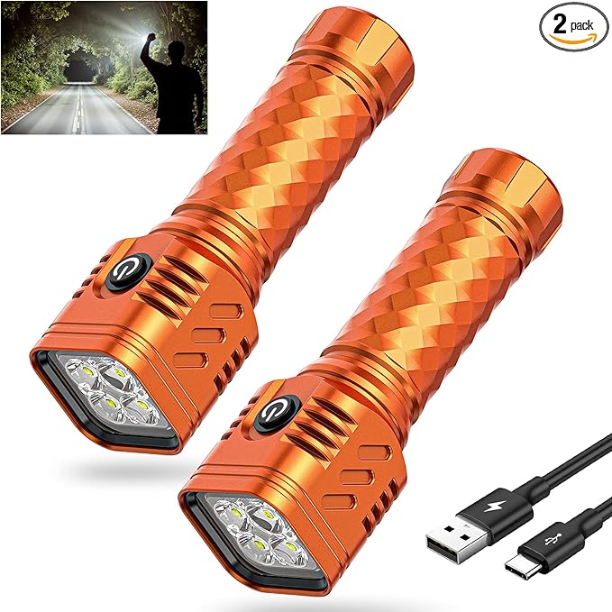 Rechargeable Flashlights 2000L High Lumens, 4X Super Bright LED Flashlight, Powerful Flash Light with Memory Function, Long-Lasting, Waterproof Flashlights for Home Camping Hiking, 2 Pack 