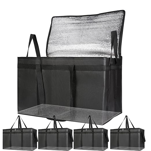 Bodaon 5-Pack Cooler Insulated Food Delivery Bag for Doordash/Uber Eats, XXX-Large Thermal Bags for Catering/Hot Pizza, Travel/Camping/Picnic Basket,Grocery Reusable Warmer Frozen, Black With Bottom