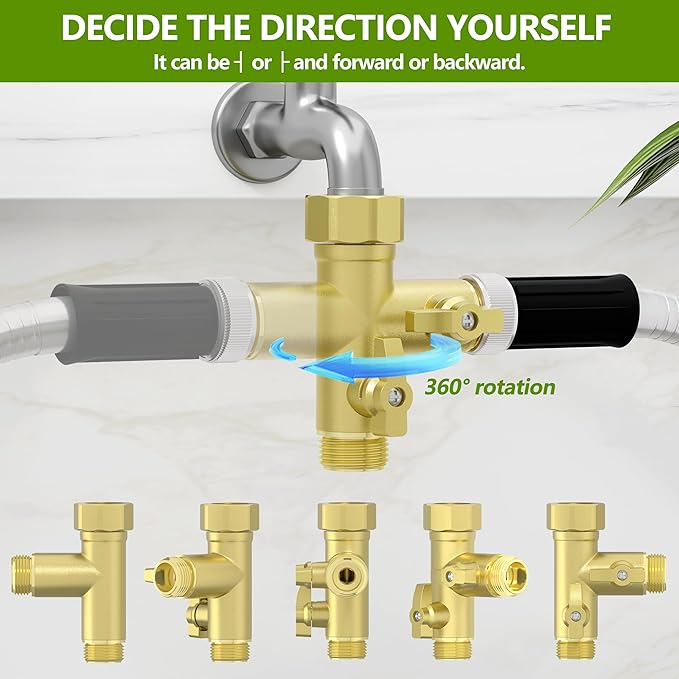 High Flow Solid Metal 2 Way โ Type Garden Hose Splitter with Shut-Off Valves, 360 Degree Rotation 3/4" Spigot Faucet Connectors with 2 Extra Silicone Washers