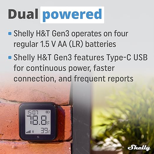 Shelly H&T Gen3 Black | Wi-Fi and Bluetooth Smart Temperature & Humidity Sensor with Remote App Control & Monitoring | Smart Scenes | Notification Alerts | LCD Display | Free Data Storage Export