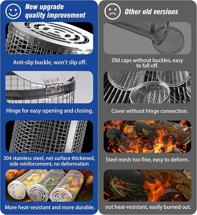 Rolling Grilling Baskets for Outdoor Grill Must Have Bbq Round Mesh Net Tube Large Barbecue Cylinder Cage Essentials Gadgets Cooking Accessories for Picnic Veggies Vegetable Fish Meat, Gift for Men