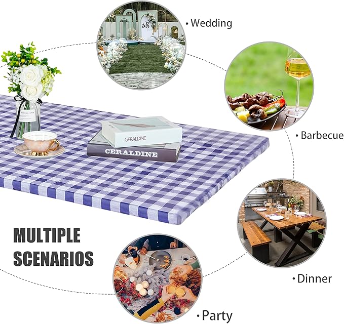 Fitable Checkered Picnic Table Cover Waterproof Vinyl Fitted Table Cover Flannel Backing Outdoor Indoor Tablecloth 30"x96" for Picnic, Travel, Holiday, Party, Folding Table, Navy