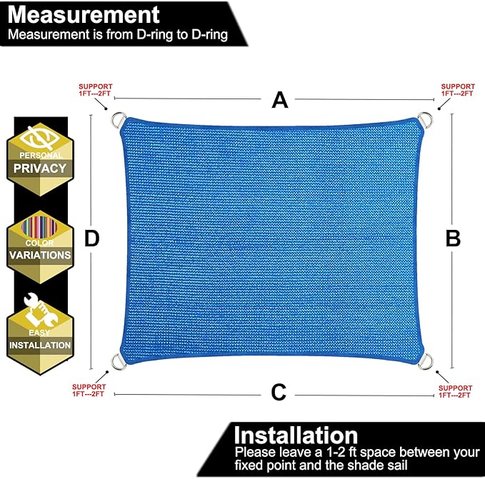 10' x 10' Blue Outdoor Sun Shade Sail Canopy ??UV Resistant Permeable Awning Fabric for Patio, Garden, Backyard, Pergola, Carport, Lawn Shelter Cover