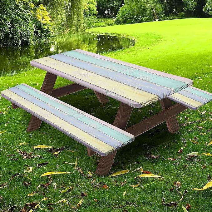 CAPSCEOLL Fitted Picnic Table Cover with Bench Covers with Elastic 8Ft Waterproof Camping Picnic Table Cover Cloths for Outdoors Camping Tablecloth with Drawstring Bag, 96X30in, Colorful Wood