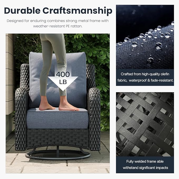 5 Pieces Outdoor Patio Furniture Sets with Rocking Swivel Chairs with 6-inch Thick Cushion and Fire Pit Table for Deck Lawn