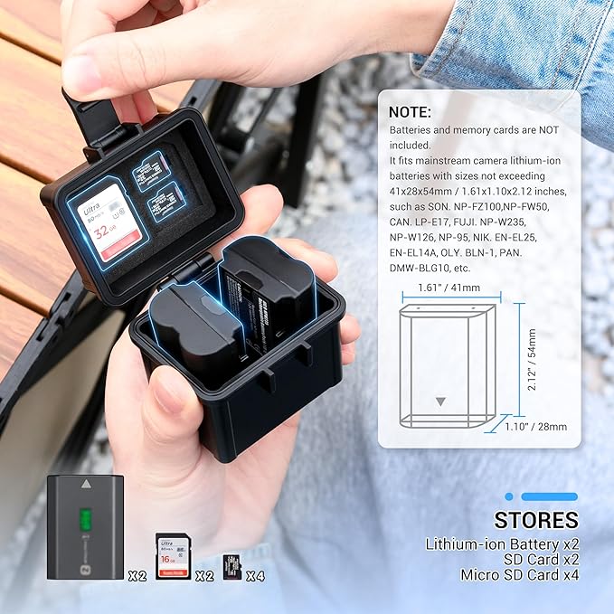 JJC Portable Camera Battery Memory Card Case,Battery Holder Organizer Box for 2x Canon LP-E17 LP-E12 LP-E10 Fuji NP-W126 NP-W235 Nikon EN-EL14A EN-EL25 Sony NP-FZ100 NP-FW50 DMW-BLG10 Battery and More
