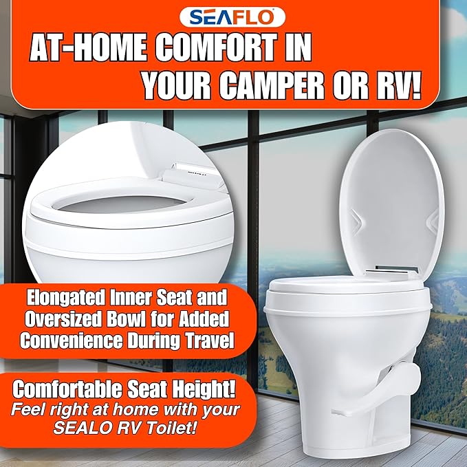 SEAFLO Residential Height Camper/RV Toilet, 18.5” Standard Height, Gravity Flush System, Foot Pedal Operation, Soft Close Seat, Easy-to-Clean Oversized Bowl, 4-Year Warranty