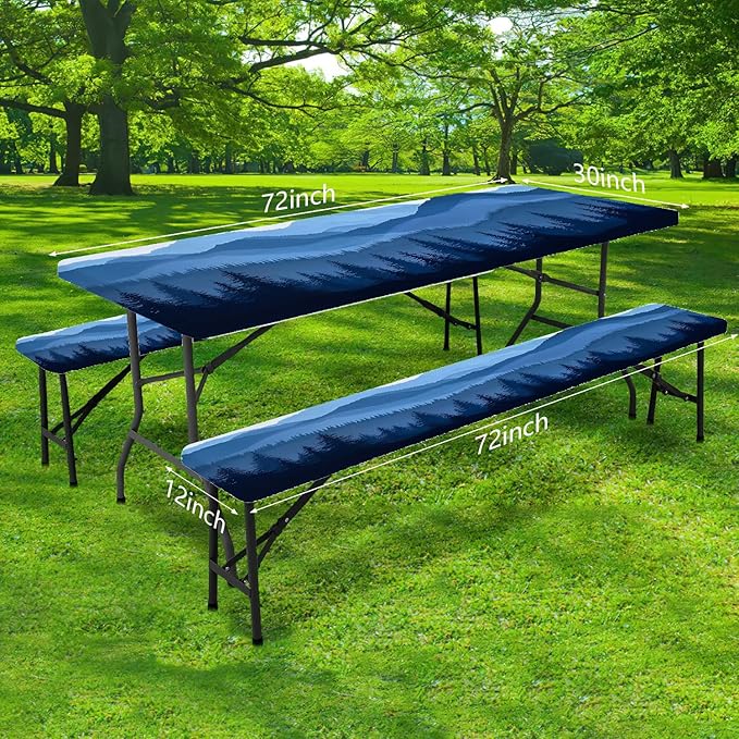 Picnic Table Cover with Bench Covers Elastic Edges, Blue Grey Mountain Pine Table Cover, Waterproof Windproof Fitted, for Outdoor Camping Patio Garden , Drawstring Bag,72 in