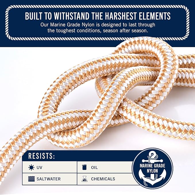 RainierSupplyCo Boat Anchor Rope - Double Braided Marine Rope Anchor Line - 50 ft x 3/8 Inch Nylon Boating Line with 316 Stainless Steel and Heavy Duty Marine Grade Bow Shackle - White/Gold