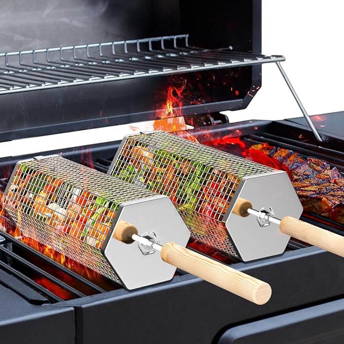 Rolling Grill Baskets (2PCS, Hexagon), Removable Wooden Handle, 304 Stainless Steel, Nesting Grilling Net, BBQ Accessories Tools for Vegetables Shrimp, Outdoor Cooking Camping, Birthday Gifts for Men Dad Husband