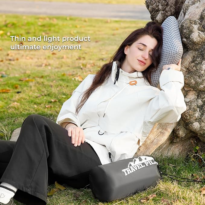 Travel Pillow Memory Foam Pillows, Camping Pillow-Compressible Medium Firm, Breathable Cover, Ideal Backpacking Hiking, Bed Pillows, Airplane and Car (Light Grey, L)
