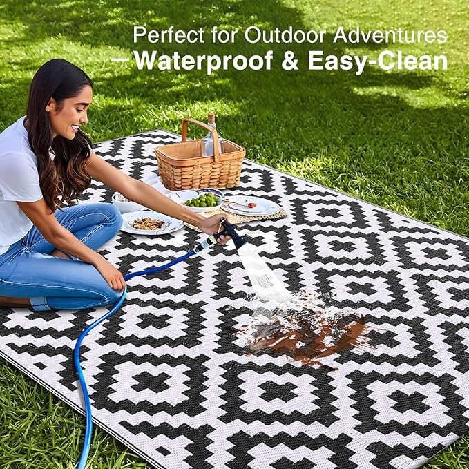 OLANLY Waterproof Outdoor Rug 4x6 ft, Outdoor Plastic Straw Rug for Camping, RV Mat Outside, Indoor Outdoor Carpet for Porch, Deck, Backyard, Balcony, Picnic, Black & White
