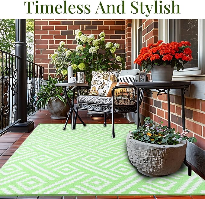 OPPODREAM Outdoor Rug 5x8 Ft, Waterproof Outdoor Plastic Straw Rug for Patio, Reversible Out Door Carpet for Camping, Deck, Rv, 5 x 8 Area Carpet for Balcony, Porch, Backyard, White and Green
