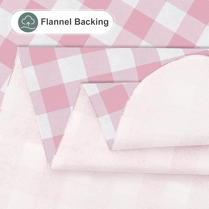 misaya Rectangle Waterproof Vinyl Table Cloth, Buffalo Flannel Backed Tablecloth, Wipeable Plastic Table Cover for Dinner, Kitchen, Outdoor (60" x 102", Pink and White)