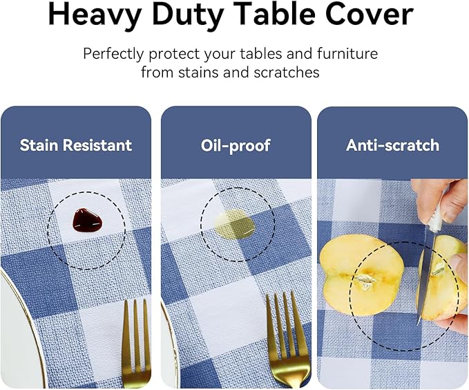 Romanstile Rectangle Plastic Tablecloth, 100% Waterproof Oil-Proof Checkered PVC Table Cloth, Heavy Duty Vinyl Table Cover for Dining, Camping, Picnic, Outdoor - 54 x 108 Inch, Light Blue and White