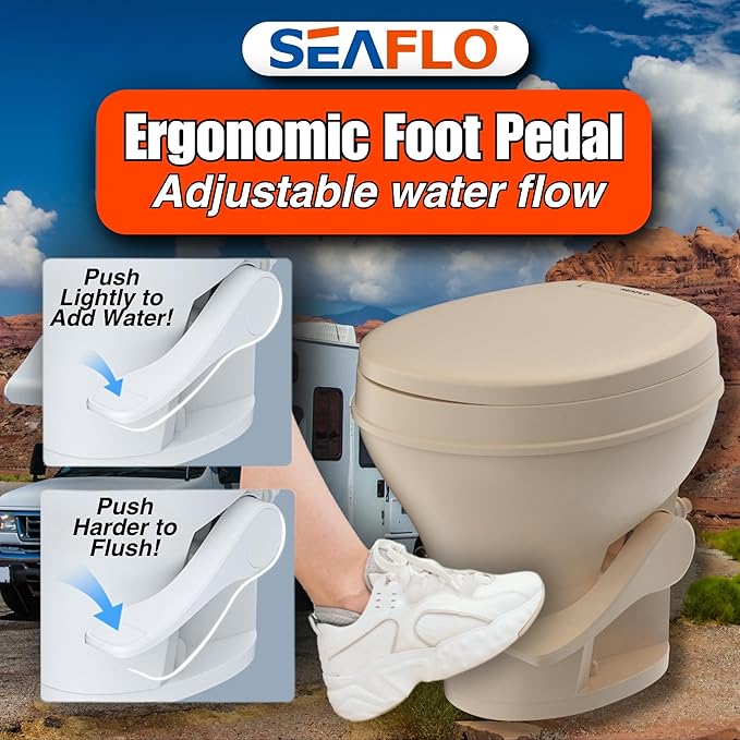 SEAFLO Residential Height Camper/RV Toilet, 18.5” Standard Height, Gravity Flush System, Foot Pedal Operation, Soft Close Seat, Easy-to-Clean Oversized Bowl, 4-Year Warranty (Bone Color)