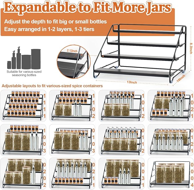 4 Tier Spice Rack Organizer for Cabinet, Step Adjustable Spice Shelf Seasoning Organizer with Non Slip Tiers, Expandable Metal Spice Rack for Kitchen Countertop, Pantry, Cupboard – Black