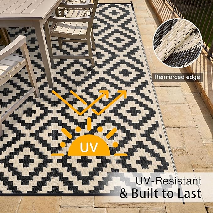 OLANLY Waterproof Outdoor Rug 10x14 ft, Outdoor Plastic Straw Rug for Camping, RV Mat Outside, Outdoor Carpet for Porch, Deck, Backyard, Balcony, Picnic, Black & Beige