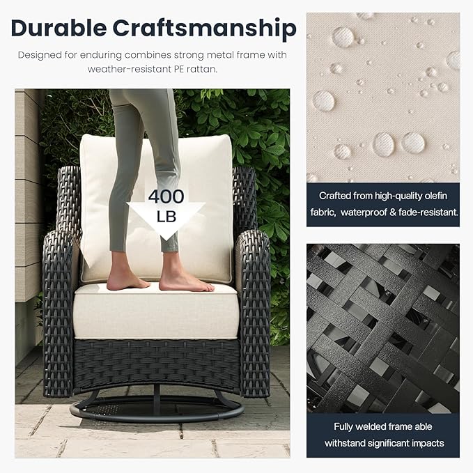 6 Pieces Outdoor Patio Furniture Sets with Rocking Swivel Chairs with 6-inch Thick Cushion and Side Table for Deck Lawn