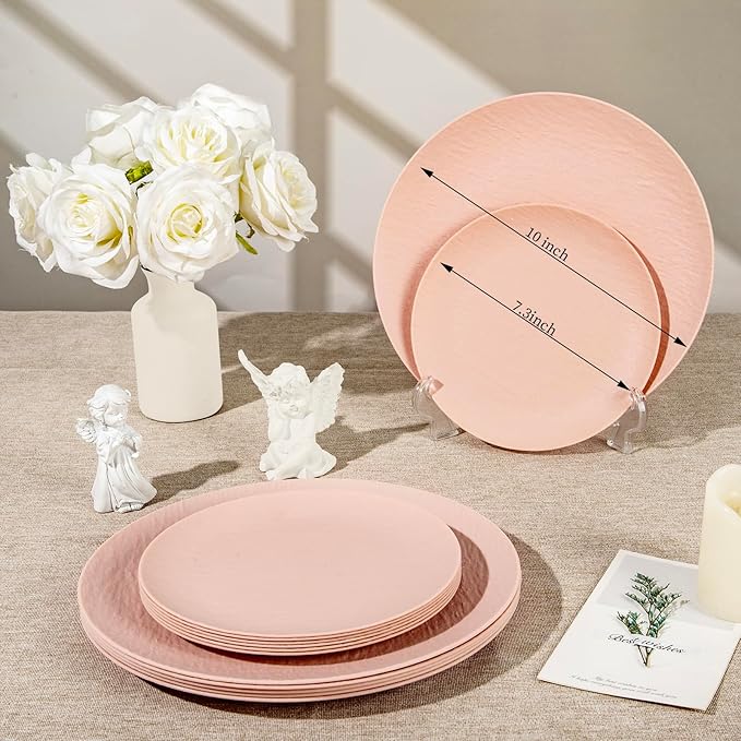 WONDERFUL 32pcs Pink Plates - Reusable Pink Plastic Plates Unbreakable and Reusable Plate Dishwasher safe Dishes Set Includes:16 Dinner 10" and 16 Dessert Plate 7.3" for Wedding Bridal Shower Camping