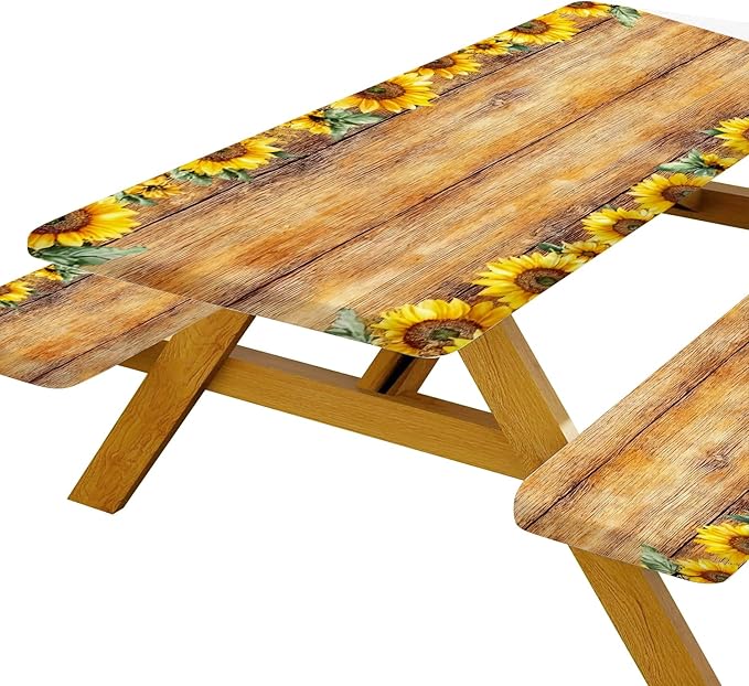 Picnic Table Cover with Bench Covers, Sunflower Wood Grain Pattern Elastic Edges, Waterproof Windproof Fitted Tablecloth, for Outdoor Camping Patio Garden, Includes Drawstring Bag, 96 in