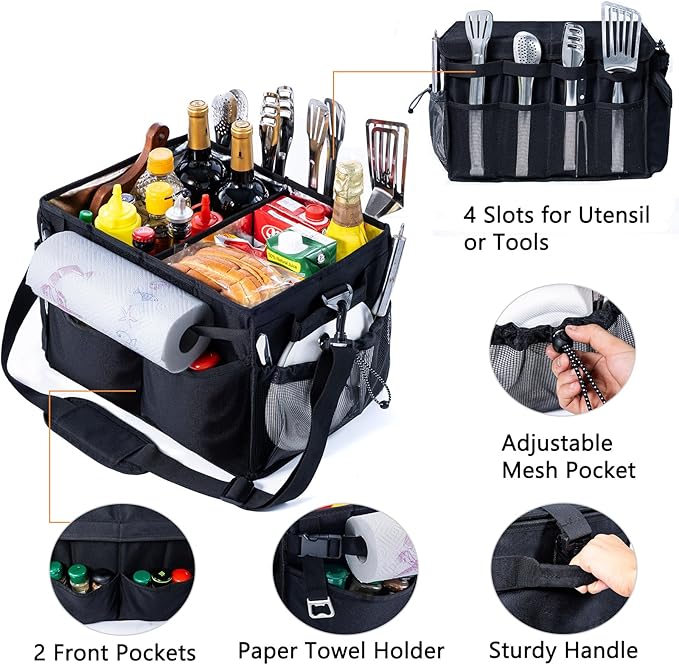 Large Grill Caddy with Lid β BBQ Organizer for Camping, Tailgating, RV, Boating β Grilling Gifts for Men β Collapsible Griddle Tote Bag with Shoulder Strap β Outdoor Essentials