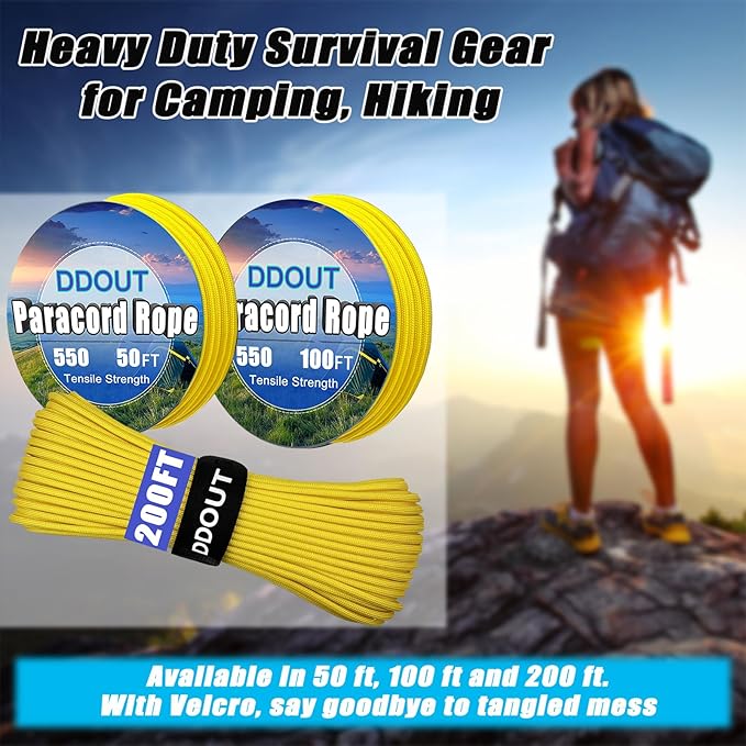 Paracord Nylon Rope Yellow 50ft with 7-Strand Core, 10 Colors and 50/100/200 ft, Type III Parachute Cord 4mm for Camping, Survival, Hiking, DIY, Crafting, Outdoor Utility Rope