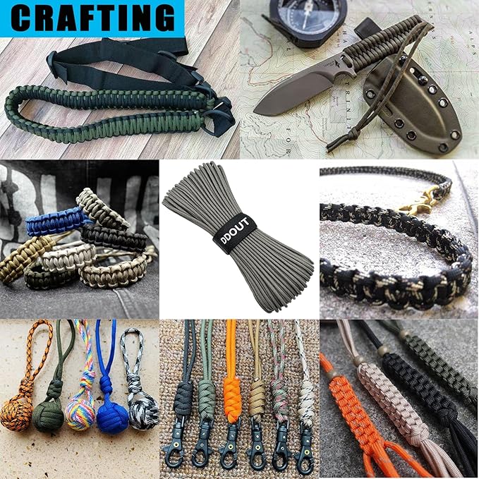 Paracord Nylon Rope Gray 50ft with 7-Strand Core, 10 Colors and 50/100/200 ft, Type III Parachute Cord 4mm for Camping, Survival, Hiking, DIY, Crafting, Outdoor Utility Rope