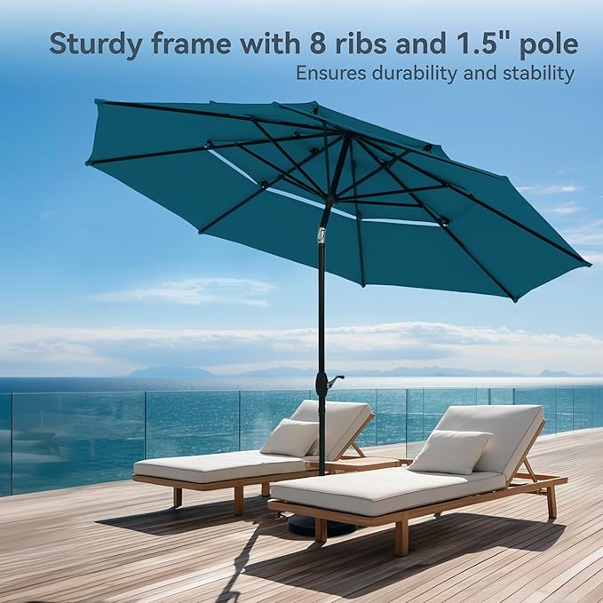 PHI VILLA 10ft Outdoor Patio Umbrellas for Outside, 3 Tier Vented Market Table Umbrella Windproof for Backyard, Deck, Garden, 1.5" Pole, Cyan(No Base)