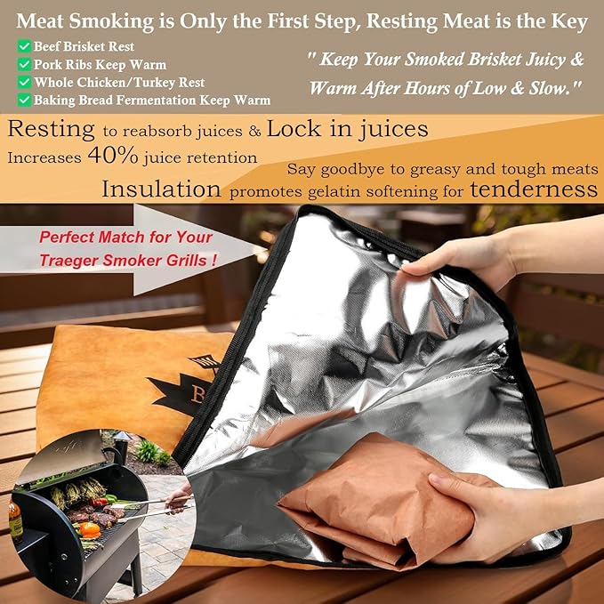 BBQ Blanket for Resting Meat Compatible with Traeger Smoker Grill, Reusable Pellet Smoker Meat Insulated Resting Bag with Wide Mouth for Large Brisket/Beef,Gifts for Men Him Dad,Traeger Accessories
