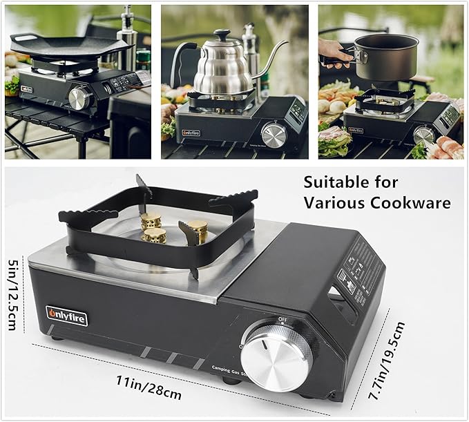 ONLYFIRE Portable Butane Stove with Carry Case, Mini Camping Stove Instant Ignition, Windproof Camp Stove for Camping, Hiking, RV Trip, Backpacking and Emergency, Black GS336