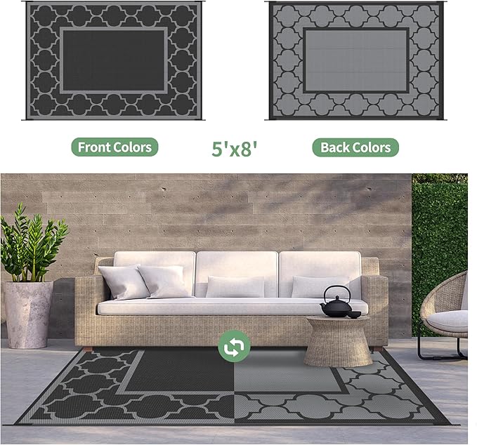 GENIMO 5' x 8' Outdoor Rug Waterproof for Patio Decor, Foldable Reversible Plastic Straw Area Rugs Mat for Camper, Outside Carpet for Rv, Deck, Porch, Picnic, Beach, Balcony, Black & Grey