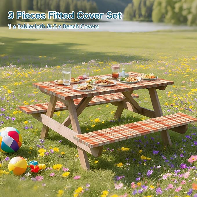 Orange Picnic Table Cover with Bench Covers, 3 Pcs Waterproof Elastic Picnic Table Cover Fall Outdoor Camping Essentials, Windproof Fitted Tablecloth for Indoor Outdoor (Plaid, 72X30 Inch)