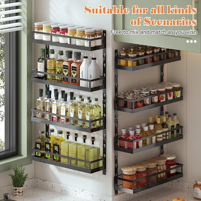 X-cosrack 8-Tier Adjustable Spice Rack โ Wall-Mounted Space-Saving Organizer with Mixed Baskets, Large-Capacity Seasoning Holder for Kitchen & Pantry (Black)
