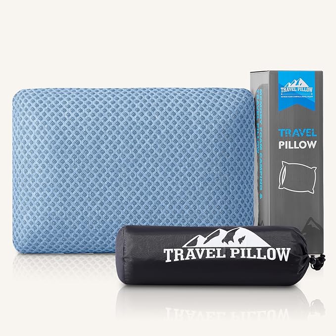 Travel Pillow Memory Foam Pillows, Camping Pillow-Compressible Medium Firm, Breathable Cover, Ideal Backpacking Hiking, Bed Pillows, Airplane and Car (Blue, L)
