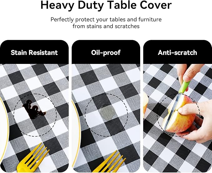 Romanstile Rectangle Vinyl PVC Tablecloth, 100% Waterproof Buffalo Plaid Plastic Table Cloth, Oil Proof Heavy Duty Wipeable Table Covers for Dining/Camping/Picnic/Outdoor - 54 x 120, Black and White