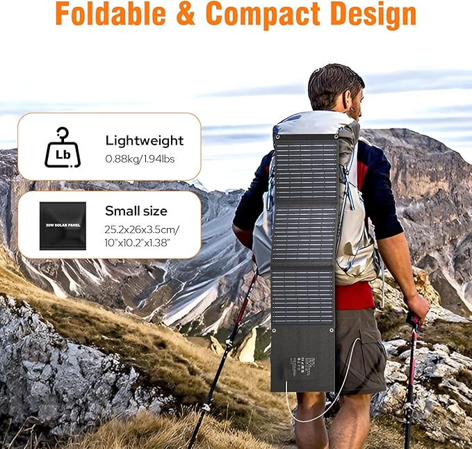 30W Portable Solar Panel with USB QC3.0/USB-C/18V DC(10 Connectors), Backpacking Solar Charger for Power Station, Phones, Laptop, Foldable Solar Panels for Camping Home Hiking