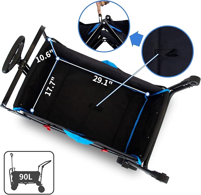 TMZ All Terrain Wide Wheel Utility Folding Wagon, Collapsible Garden Cart, Heavy Duty Beach Wagon Trolley with Adjustable Push Handle and Brake, 90 L Storage, Load of 120KG(Black/Blue)