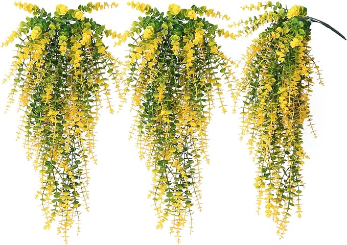 RECUTMS Artificial Plants Hanging Outdoor Fake Plants Hanging Vines Faux Eucalyptus Leaves Greenery Vines Fake Vines Plants for Room Wall Decor Garden Outdoor Wedding Courtyard Decoration(Yellow)
