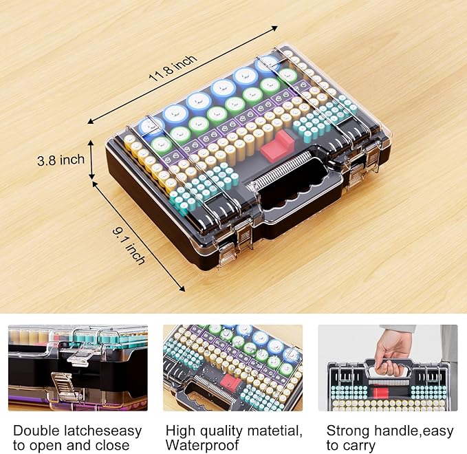 Battery Organizer Storage Holder Box Case with Tester, Ultra-Large 262+ Batteries Container with Double-Sided, Holds AA AAA 4A 23A C D Cell 9V 3V Lithium 4LR44 CR3 CR123A 18650 (Black)