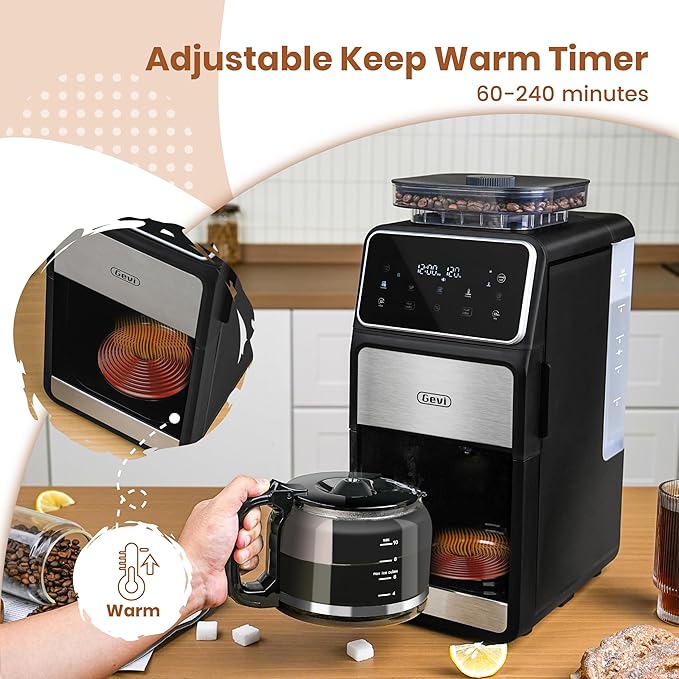 Gevi 10 Cup Drip Coffee Maker with Built-in Grinder, Grind ๏ผ Brew Burr Combo Coffee Machine with Touch Screen, Programmable, 4-Hour Warm Plate, Permanent Filter, Coffee Carafe