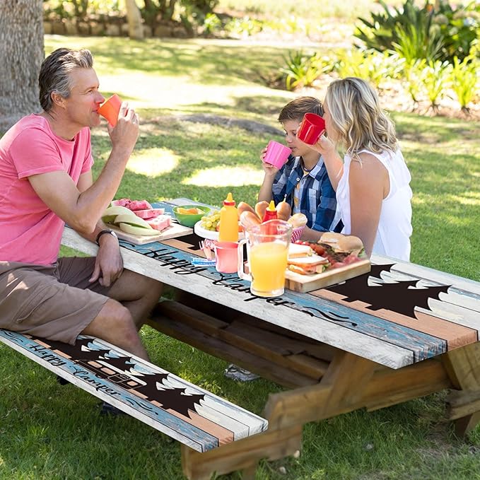 Picnic Table Cover with Bench Covers Elastic Edges, Blue Camper Fitted Table Cover, Outdoor Patio Camping Essentials 72 Inch 3PCS, Waterproof Camping Fitted Tablecloth with Drawstring Bag