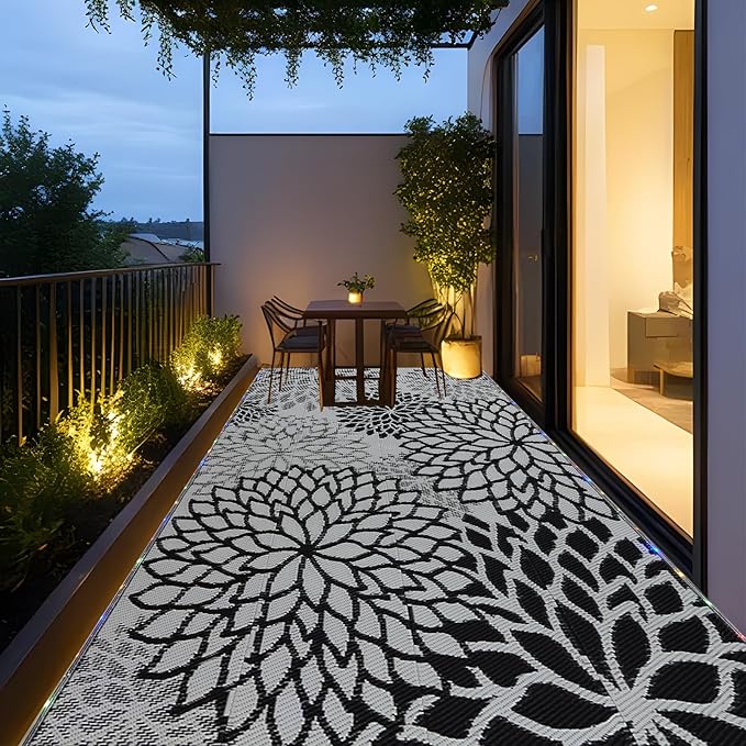 Outdoor Rug 9x12 ft with LED Light, Waterproof Reversible Outdoor Plastic Straw Rug for Patios Clearance, Large Outdoor Area Rug Carpet RV Mat for Camping Backyard Deck Porch Beach