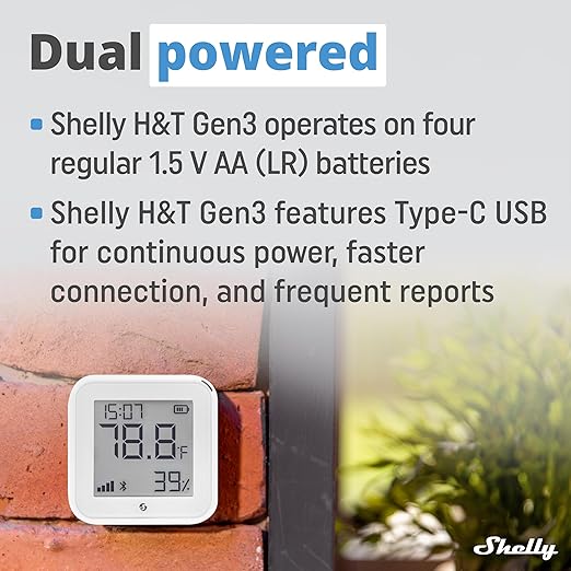 Shelly H&T Gen3 White | Wi-Fi & Bluetooth Smart Temperature & Humidity Sensor with Remote App Control | Smart Scenes | LCD Display